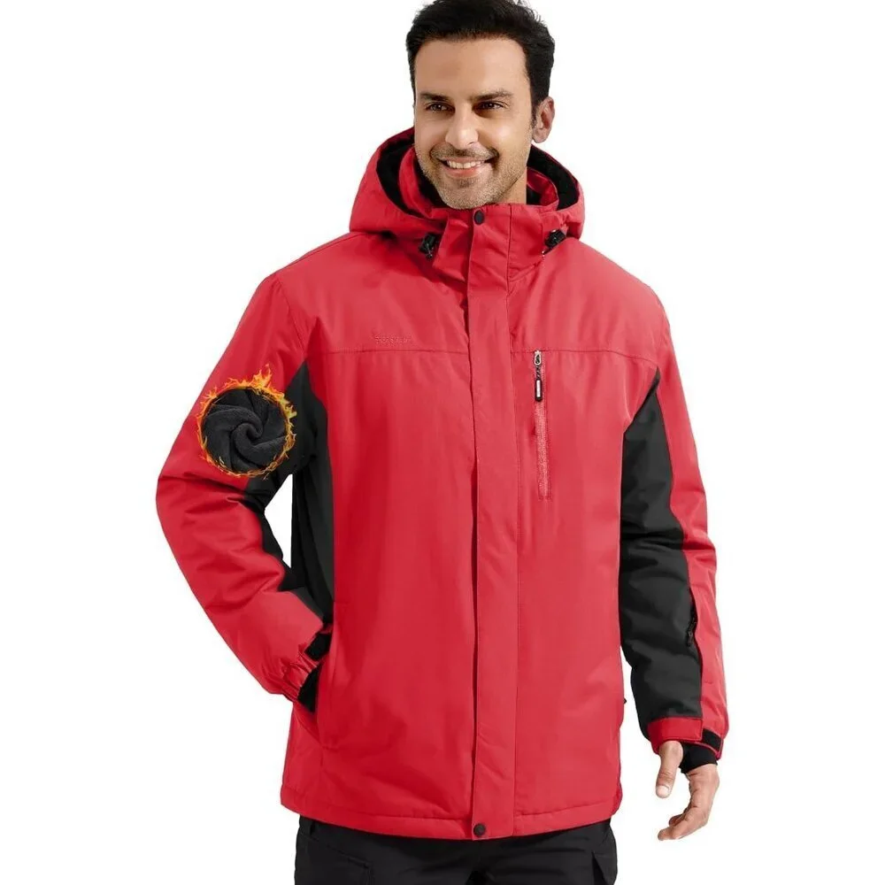Men's Red Black Waterproof Ski Snow Fleece Lined Warm Winter Rain Jacket